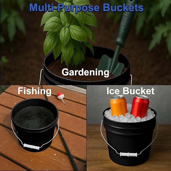 1-Gallon Bucket with Airtight Lid – Heavy-Duty Durable Pail – Made in USA – Premium Quality HDPE – Food Grade – BPA Free – Metal Handle with Plastic Grip – Stackable – Multi-Use – Black, 1 Pack