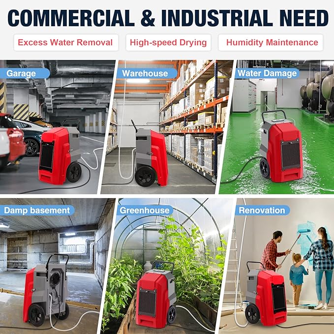 MOUNTO 180Pints LGR Industrial Dehumidifier with Pump and Drain Hose, Portable Commercial Dehumidifier with Wheels for Home, Basements, Garages, and Job Sites (Red)