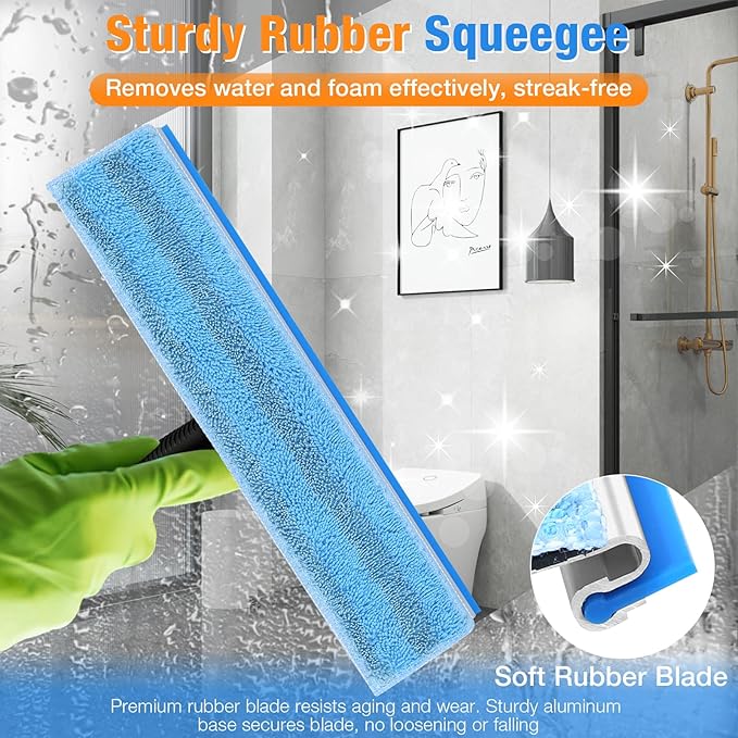 Window Squeegee for Home Window Cleaning,2-in-1 Window Cleaner Tool with Washable Microfiber Cloth, 13.8" Shower Squeegee for Glass Door,Mirror,Car Windshield,Outdoor Window Cleaning,Blue