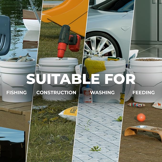 5-Gallon White Bucket Pail Container with Lid | Food Grade | Heavy-Duty Extra Durable | Metal Handles with Plastic Grip for Easy Carrying | Multi-Use | Easy Stack and Store | BPA Free - 3 Pack