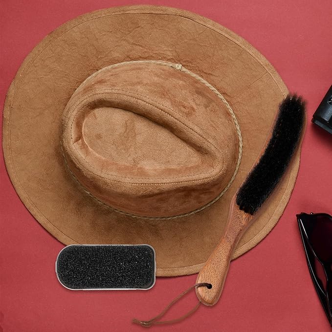 Patelai 2 Pcs Horsehair Felt Hat Brush Kit Lint Brush with Cleaning Sponge Felt Cowboy Hat Remover Kit Remove Dust Lint Brushes for Clothes Western Hats, Shoes(Walnut Color,Walnut)
