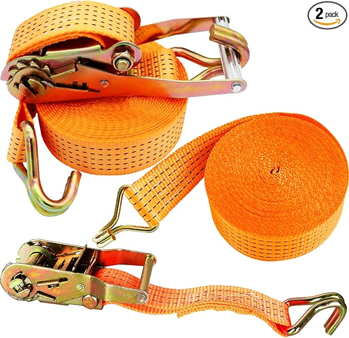 HNBun 2 Pack Ratchet Tie Down Straps, 2" x 33ft, 10,000 lbs Break Strength, Heavy Duty Cargo Lashing Straps with Double J Hooks for Trailer, Truck, and Equipment Hauling, Yellow
