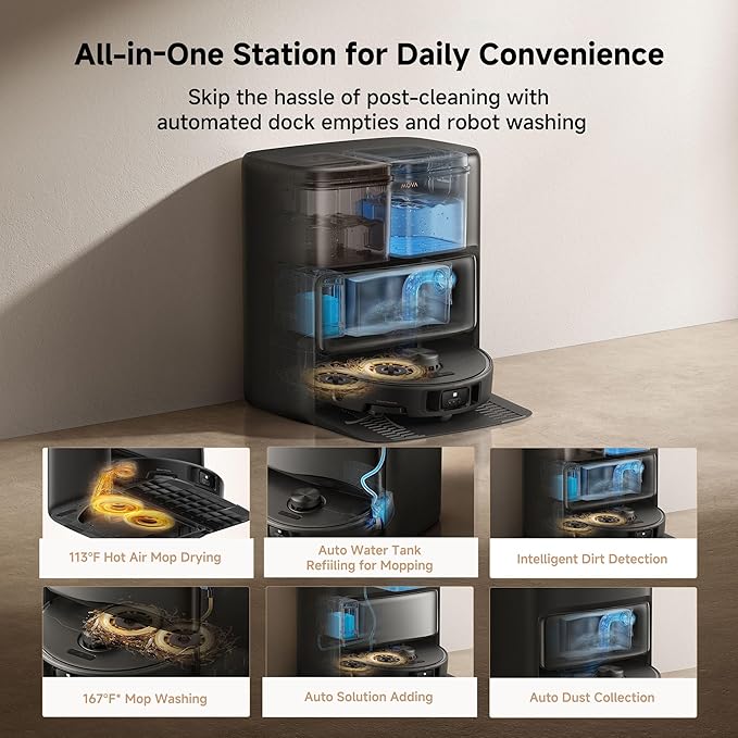 Mova P50 Pro Ultra Robot Vacuum and Mop, 19,000Pa Suction with Anti-Tangle Brush, Removable & Liftable Mop for Carpet & Floor, 167℉ Mop & Washboard Self Drying & Cleaning, Auto Empty & Refill, Black