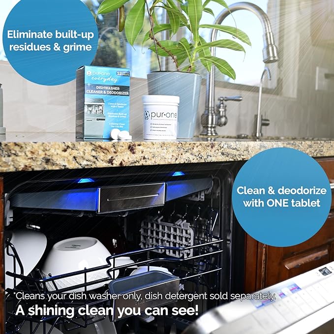Dishwasher Cleaner & Deodorizer - Deep Cleaning, Eliminates Built-up Residues & Grime in Dishwashers, Odor Remover, Septic Safe, For All Makes & Models, 12 Pack Monthly Maintenance Solution