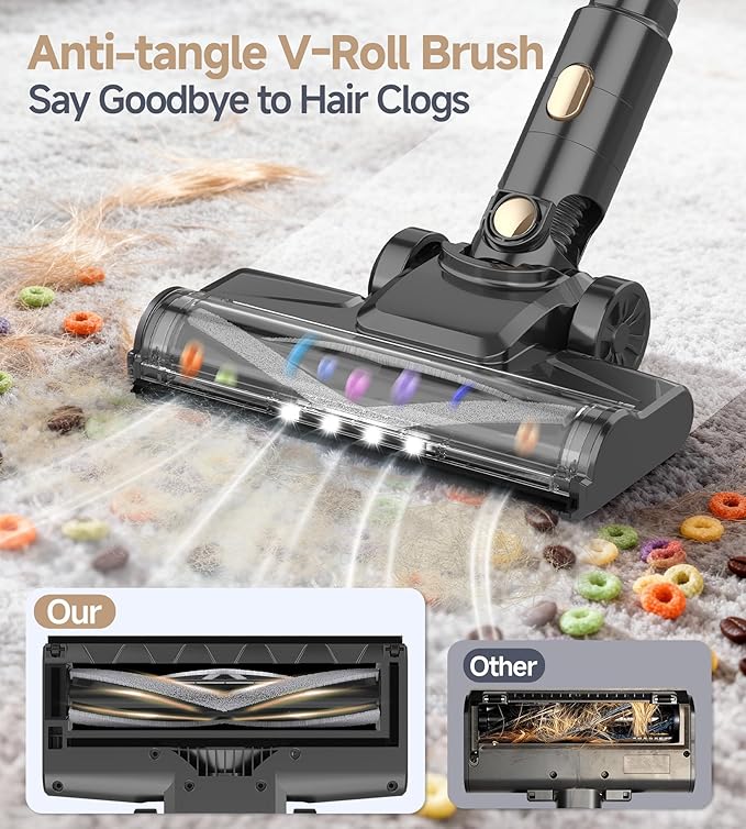 N17 Cordless Vacuum Cleaner, Upgraded Lightweight Stick Vacuum for Home, 45mins Runtime, Powerful Suction, Self-Standing, Anti-tangle, Rechargeable Vacuum for Hard Floor Carpets Pet Hair (Gold)