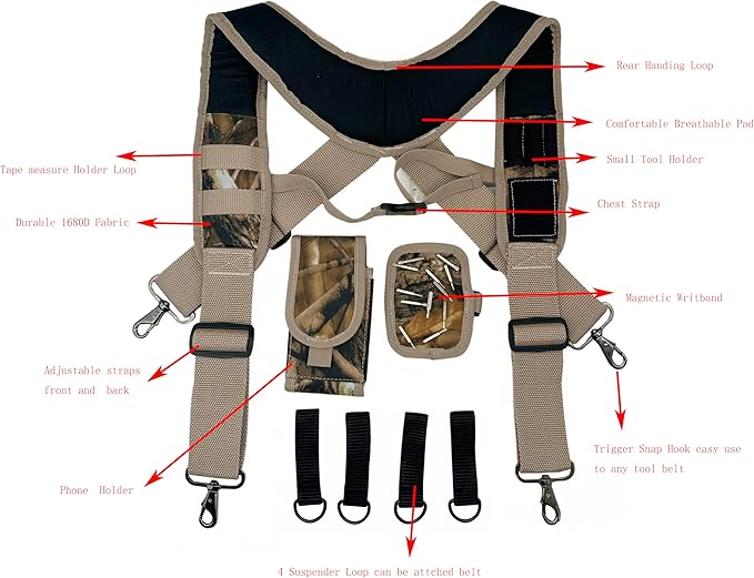 Tool Belt Suspenders for Work Belt Heavy Duty Padded with Magnetic WristBand Attachment Loops for Men (Camouflage)