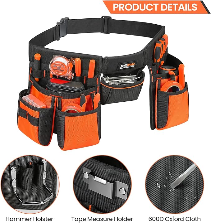 Tool Belt with Multiple Pockets, Heavy Duty Construction Pouch, Black and Orange