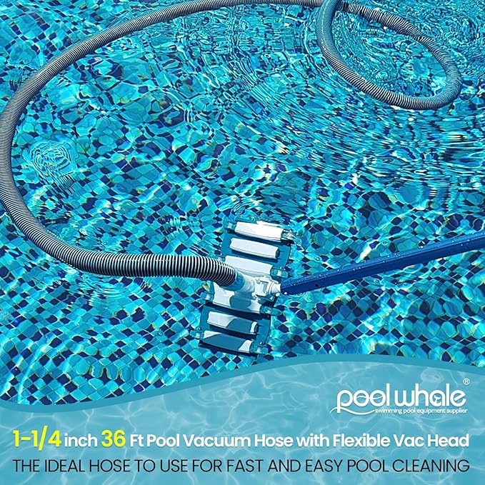 POOLWHALE Professional 1-1/2-Inch x 36-Feet Swimming Pool Vacuum Hoses and Weighted Rotatable Handle Vacuum Head with Wheels, Perfect for Above Ground and Inground Pools