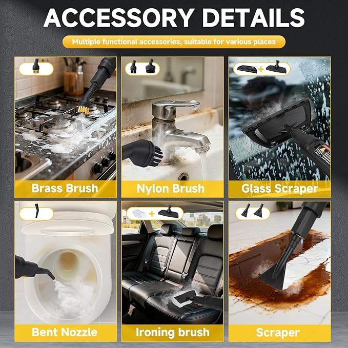 Steam Cleaner, 3-Level Adjustable Handle, 15s Heat-Up, 1500W Steamer for Cleaning, Rolling System, Portable Steamer for Cleaning with Mop & 17-Piece Kit for Home, Car, Grout, Tile, Couch, Kitchen