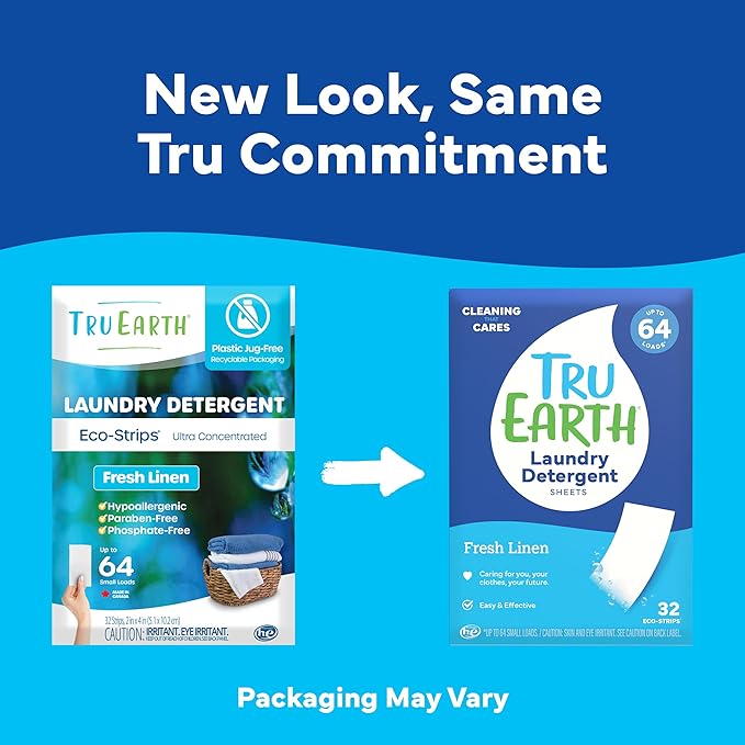 Tru Earth Compact Dry Laundry Detergent - Up to 128 Loads (64 Sheets) - Paraben-Free - Original Eco-Strip Liquidless Detergent, Travel - Fresh Linen | Packaging May Vary