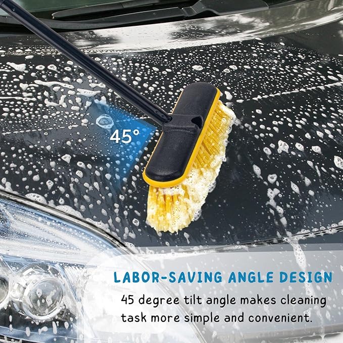 Car Wash Brush with Long Handle, 55'' Vehicles Exterior Washing Supplies, Soft Bristle Scrub Broom for Solar Panel, Boat, RV, Truck, Deck Cleaning, 2 Wax Applicator Pads Included