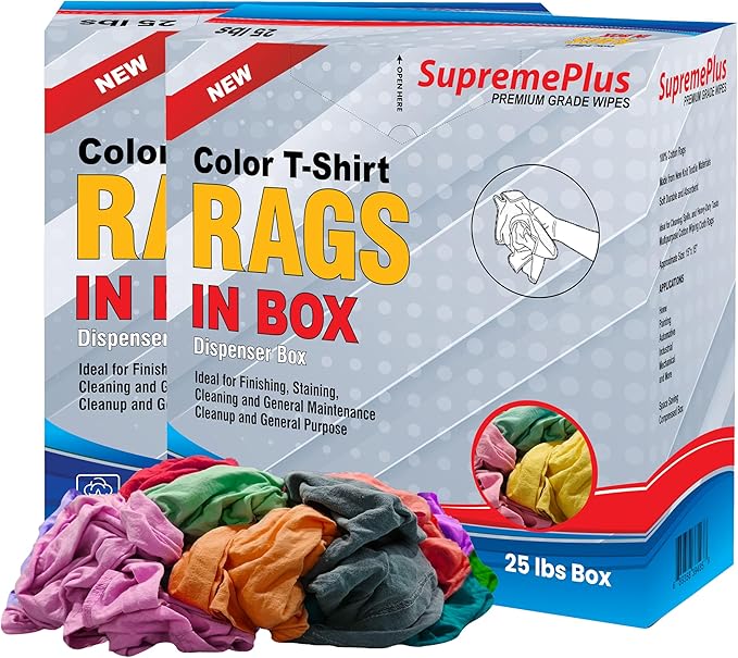 Premium Color Knit Cleaning Cloths (2 x 25 lbs. Compressed Box) – Shop Rags Bulk for Workshops, Mechanics, Painters, and Home Use, Multipurpose Cotton T-Shirt Rags