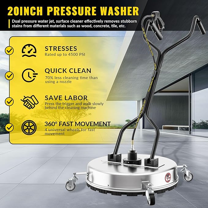 20''Pressure Washer Surface Cleaner,4500PSI Power Washer Surface Cleaner Attachment with Wheels,Dual Handle,Stainless Steel Housing, 3/8'' Quick-Connect for Driveway Sidewalk Curb Deck Patio Cleaning