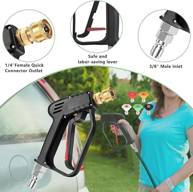 Short Pressure Washer Gun with Swivel, High Pressure Water Handle, Anti-Tangle Design, Max 4000 PSI with 5 Spray Nozzle Tips, 3/8'' Male Plug and M22-14/15mm Fittings for Car Detailing