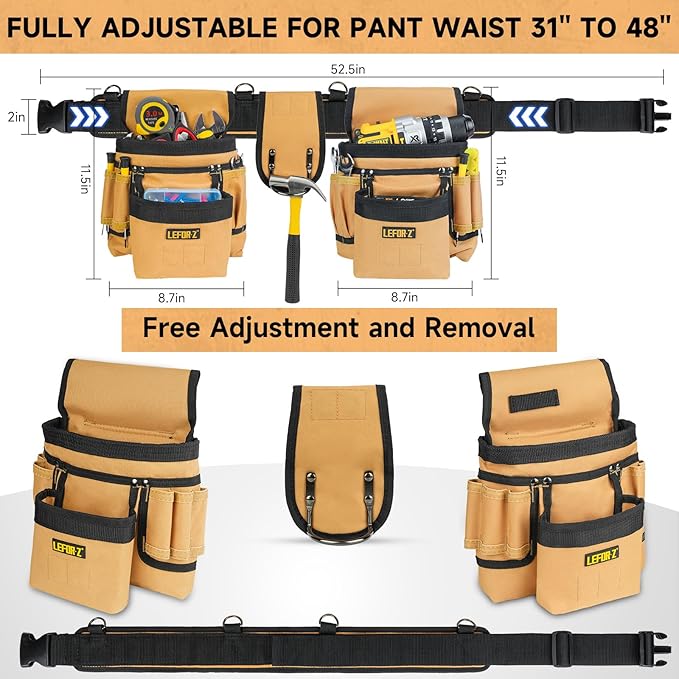 Tool Belt,Magnetic Tool Pouch,27-Pockets Heavy Duty Tool Belts for Men with 4 D-Rings,Detachable Tool Pouch Bag for Electrician,Carpenter,Construction,Utility Belt,Valentines Day Gifts for Men,Brown