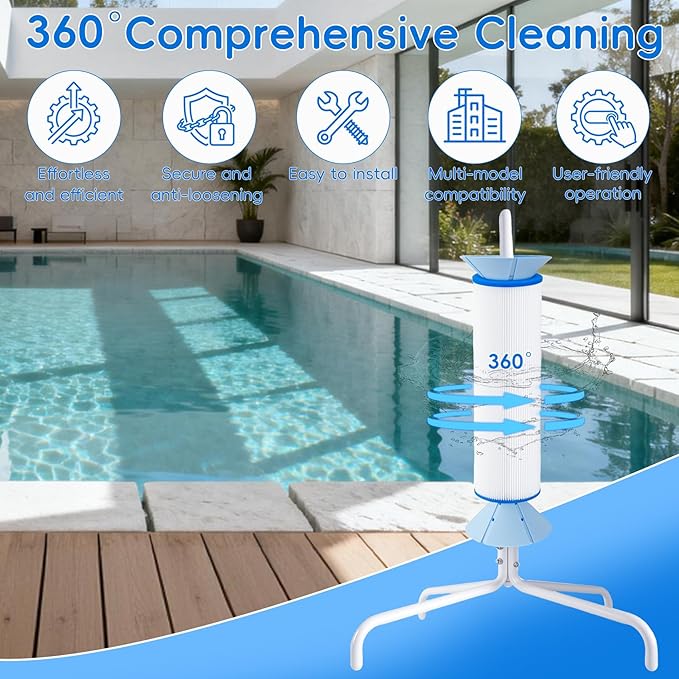 Pool Cartridge Filter Cleaning Stand Compatible with 3, 4, Or 6 Inch Swimming Pool Cartridges 360° Rotating Cleaning No Bending Required Say Goodbye to Manual Scrubbing Water Saving Design