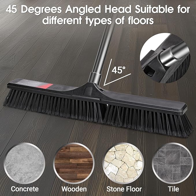 Push Broom Outdoor Heavy Duty,Masthome 24" Push Broom with Stiff Bristles,Heavy Duty Garden Broom,Outdoor Stiff Sweeping Broom for Garage Yard Patio Deck Concrete Wood Stone Floors Scrub and Cleaning