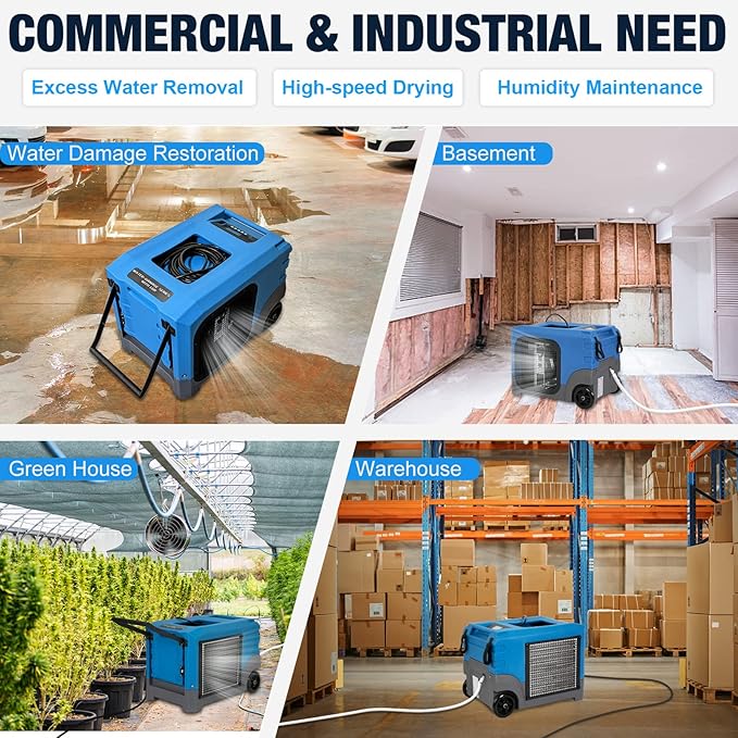 Mounto MOUNTO 268Pints LGR Commercial Compact Dehumidifier with Pump and Drain Hose, LGR Portable Dehumidifier with wheels for Home, Basements, Garages, and Job Sites (Blue)