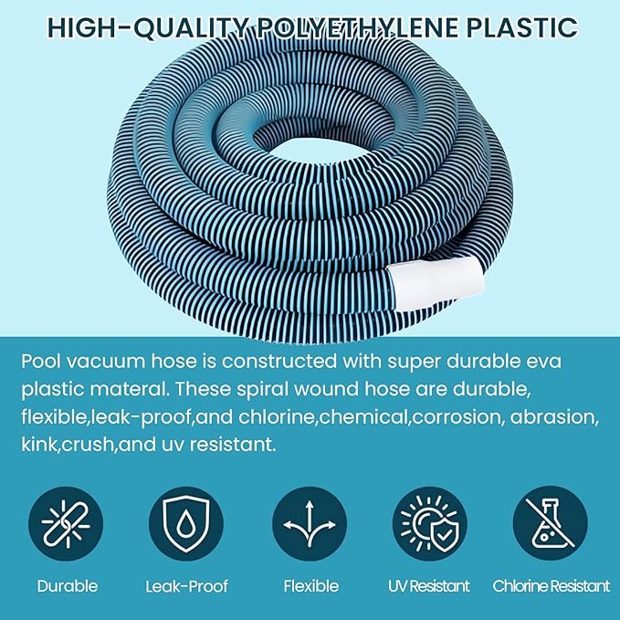 POOLWHALE Professional 1-1/2-Inch x 30-Feet Swimming Pool Vacuum Hoses and Weighted Rotatable Handle Vacuum Head with Wheels, Perfect for Above Ground and Inground Pools