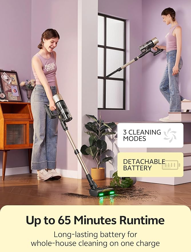 Ultenic Cordless Vacuum Cleaner, 600W 60KPA 65mins Vacuum Cleaners for Home, Cordless Stick Vacuum with Green Light, Self-Standing & 180° Lay-Flat, Anti-Tangled Brush for Floor/Carpet/Pet Hair