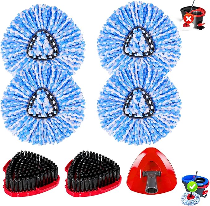 Mop Replace Heads Compatible for OCeda 2-Tank System,7 Pack Spin Mop Refill Replacement with 2 Scrub Brush and Base, Reusable Mop Head Deep Cleaning to Tough Stains