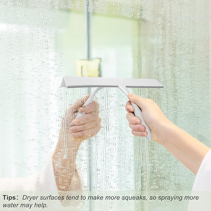 Shower Squeegee for Glass Doors, 11-Inch Silicone Squeegee with Non-Slip Handle and Adhesive Hook for Bathroom, Mirror, Tile, Car Window (White)