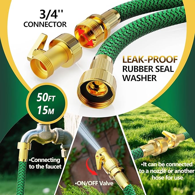 Garden Hose 50ft Non-Expandable, Leakproof Water Hose Kink Free Wear-resistant, Portable Waterhose with Durable Fabric Skin, Flexible Hose Pipe for Gardening, Cleaning, Easy to Store