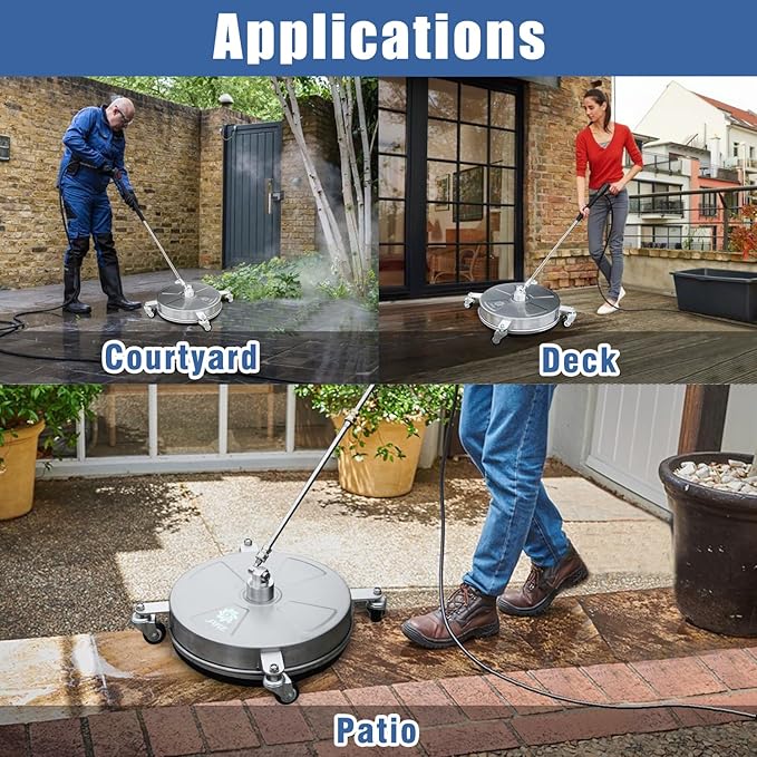 JANZ 16" Pressure Washer Surface Cleaner with 4 Wheels, Stainless Steel Housing, 1/4" Quick Plug, 2 Extension Wand Attachments, 2 Replacement Nozzles and 3 Spray Nozzles, 4000 PSI