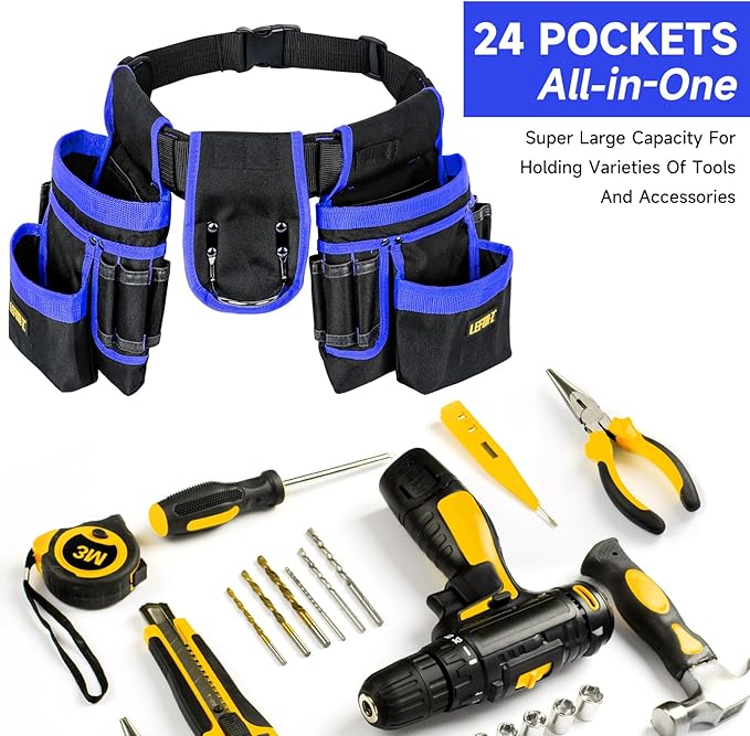 Tool Belt,Magnetic Tool Pouch,27-Pockets Heavy Duty Tool Belts for Men,Detachable Tool Pouch Bag for Electrician,Carpenter,Construction,Work Apron,Utility Belt,Valentines Day Gifts for Men,Black,Blue