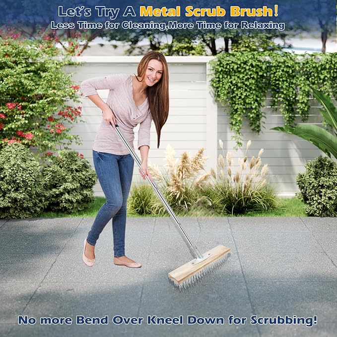 Floor Scrub Brush, Deck Brushes for Scrubbing Heavy Duty, Concrete Scrubber Outdoor Broom, Metal Wire Pool Brush Stainless Steel, Garage Patio Gunite Tile Algae Moss Cleaning Tool Long Handle