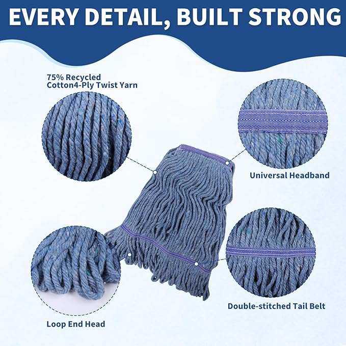 Blue Commercial Mop Head Replacement , Heavy-Duty Reusable and Washable Loop End Mops for Industrial Floor Cleaning on Hardwood and Concrete (4 Pack)