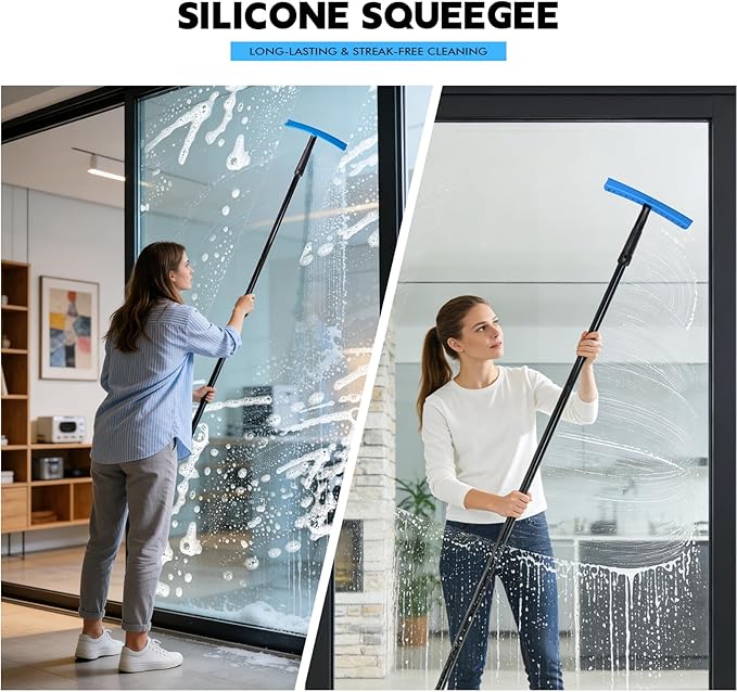FOSHIO TPU Squeegee 10-Inch Blade with 4 Extension Poles (Extends up to 63 Inches), Anti-Slip Grip Handle Rubber Squeegee Streak-Free Cleaning for Car Windows, Shower Doors, Mirrors, Glass