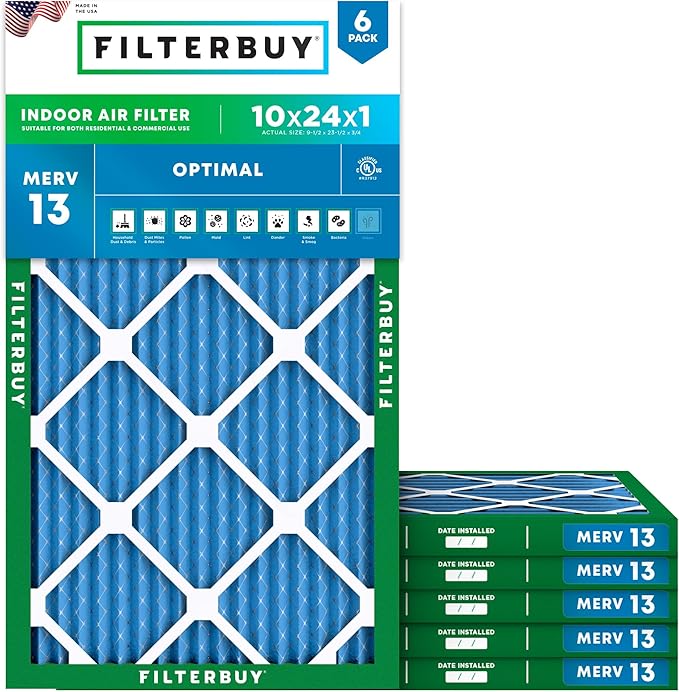 Filterbuy 10x24x1 Air Filter MERV 13 Optimal Smoke & Allergy Defense (6-Pack), Electrostatic Pleated HVAC AC Furnace Filters Replacement, Made in USA (Actual Size: 9.50 x 23.50 x 0.75)