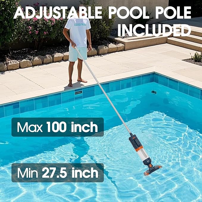 Heave Duty Pool Vacuum for Above Ground & Inground Pool - Powerful Suction 18.9GPM Running time up to 1H, Ideal for Most Debris, Handheld Rechargeable Pool Cleaner with Segmented Pole