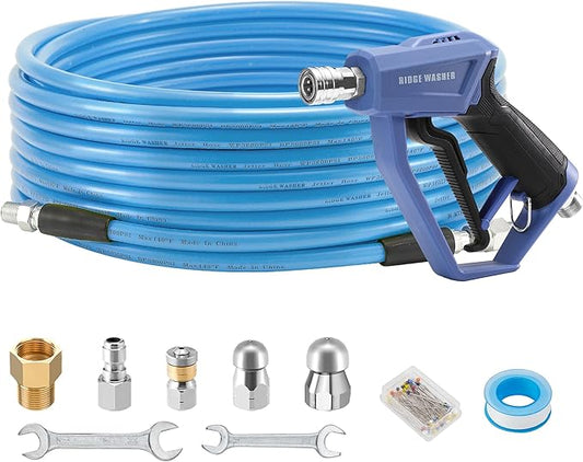 RIDGE WASHER Sewer Jetter Kit for Pressure Washer 50FT, 3600 PSI Drain Cleaning Hose with Short Pressure Washer Gun, 1/4 Inch NPT Corner, Rotating and Button Nose Sewer Jetting Nozzle