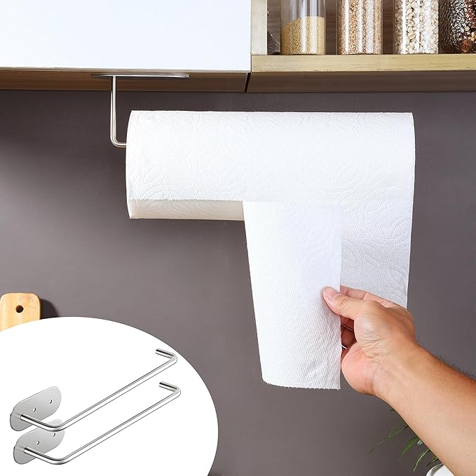 SUNTECH Paper Towel Holder Under Cabinet 2 Packs,12Inch Paper Towel Rack Wall Mount,Self Adhesive or Drilled Paper Towel Holder for Kitchen, Bathroom,Stainless Steel