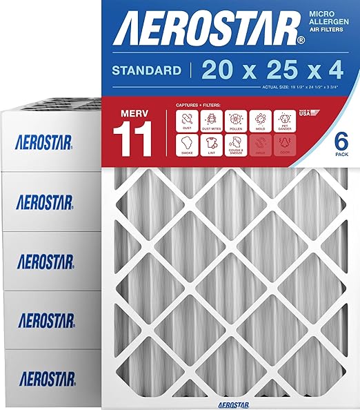 Aerostar 20x25x4 MERV 11 Air Filter, 6 Count, Actual Size (19.50 x 24.50 x 3.75) HVAC, Furnace Filter for Dust, Pet Dander, Smoke & Allergies (MPR 1200 / FPR 7) Fits Lennox & Honeywell Devices