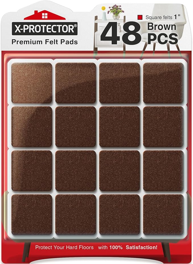 X-PROTECTOR Felt Furniture Pads - 48 PCS 1" - Felt Pads Floor Protectors - Chair Felt Pads - Felt Pads for Furniture Feet - Furniture Pads for Hardwood Floors - Protect Your Floors! (Brown, Square)