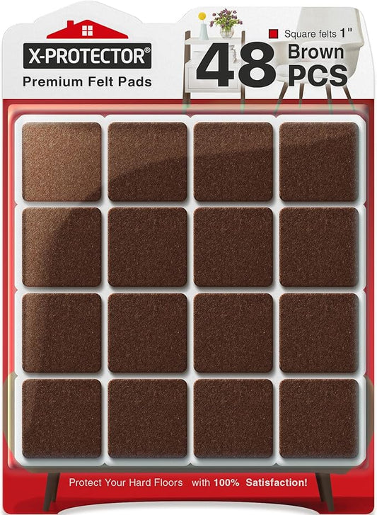 X-PROTECTOR Felt Furniture Pads - 48 PCS 1" - Felt Pads Floor Protectors - Chair Felt Pads - Felt Pads for Furniture Feet - Furniture Pads for Hardwood Floors - Protect Your Floors! (Brown, Square)