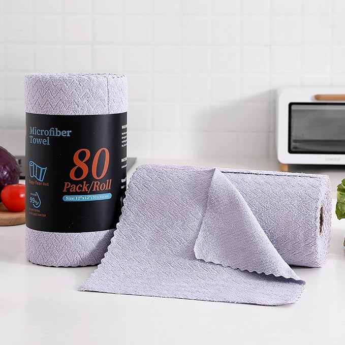 80 Pack Microfiber Cleaning Cloth Roll Reusable Paper Towels 12"x12" Tear Away Cloth,Absorbent Dish Rags for House Kitchen,Wash Cloths,Lint Free Rags for Window Cars Cleaning Supplies