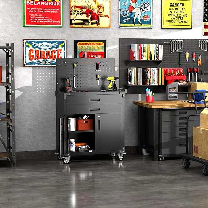 SUXXAN Black Tool Cart with Pegboard and 4 Hooks,Garage Storage Cabinet on Wheels with 2 Drawer,Industrial Service Utility Tool Cart for Mechanics, Garage, Workshop