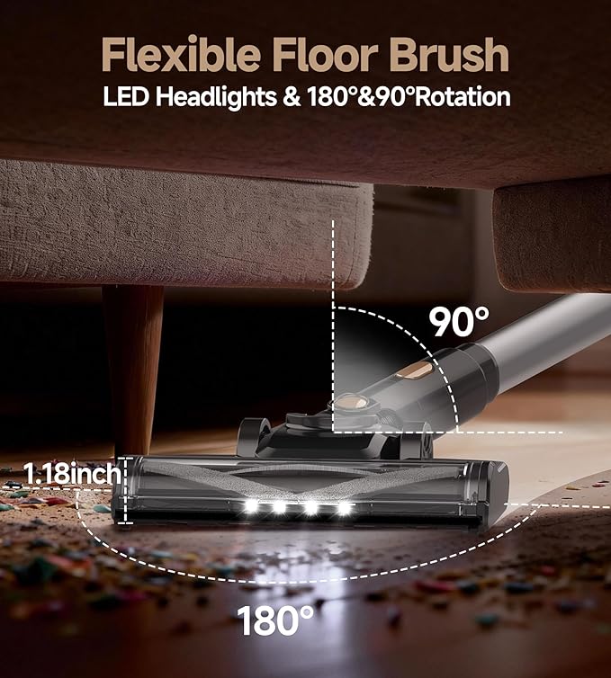 N17 Cordless Vacuum Cleaner, Upgraded Lightweight Stick Vacuum for Home, 45mins Runtime, Powerful Suction, Self-Standing, Anti-tangle, Rechargeable Vacuum for Hard Floor Carpets Pet Hair (Gold)