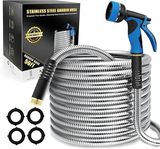 Lefree 50ft Metal Garden Hose - Heavy Duty 304 Stainless Steel Flexible Water Hose, No Kinks & Leak-Proof with Upgraded Handle, 10-Function Spray Nozzle for Balcony, Patio, Small Yard, Car Wash