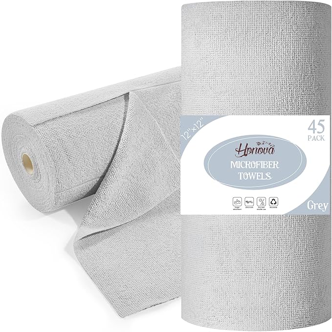 HONOVA Microfiber Cleaning Cloth Roll 45 Pack, Reusable Paper Towels Washable Roll, 12" x 12", Tear Away Microfiber Towels, Highly Absorbent, Lint Free Dish Rags for Kitchen, Window, Car, Shop(Grey)