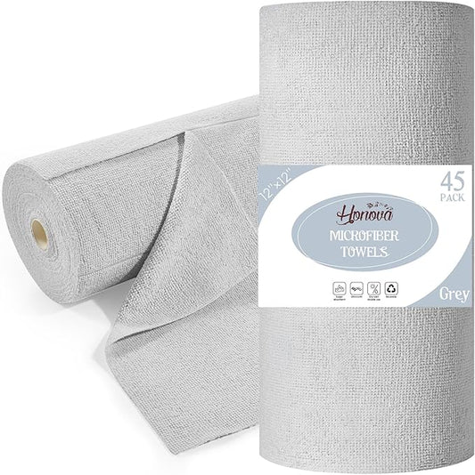 HONOVA Microfiber Cleaning Cloth Roll 45 Pack, Reusable Paper Towels Washable Roll, 12" x 12", Tear Away Microfiber Towels, Highly Absorbent, Lint Free Dish Rags for Kitchen, Window, Car, Shop(Grey)