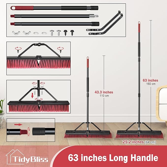 24” Push Broom Outdoor Heavy Duty 2 Pack, Large Commercial Stiff Bristle Brush with 63 inches Long Handle for Garage Shop Garden Yard Patio Deck Street Warehouse Lawn Driveway (Red)