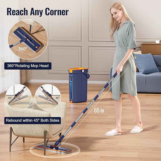 Mop and Bucket Set with Wringer, 3-Tank Flat Mop and Bucket System, Wall Mop Cleaner with Long Handle, Hands Free Mops for Floor Cleaning with 6 Microfiber Pads