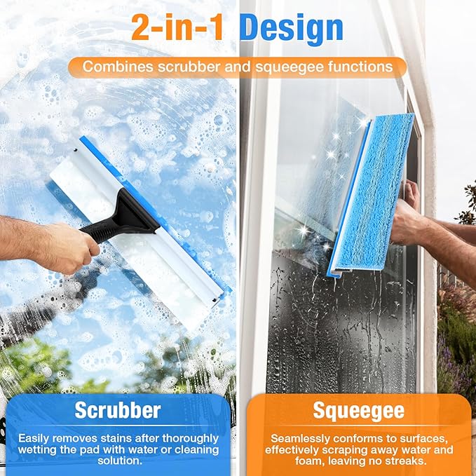 Window Squeegee for Home Window Cleaning,2-in-1 Window Cleaner Tool with Washable Microfiber Cloth, 13.8" Shower Squeegee for Glass Door,Mirror,Car Windshield,Outdoor Window Cleaning,Blue