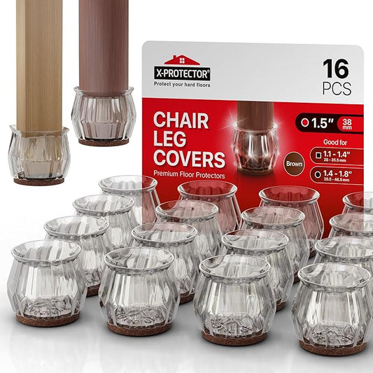 16 PCS Chair Leg Floor Protectors with Felt Pads X-Protector - 1.4" - 1.8" - Furniture Pads for Hardwood Floors - Clear Chair Pads - Floor Protectors for Chairs - Brown Chair Leg Covers!