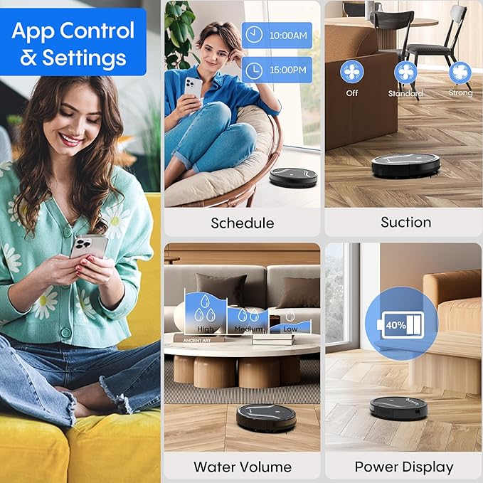 Bagotte Robot Vacuum and Mop Combo, 3-in-1 Robotic Vacuum Cleaner, 5000Pa Strong Suction with Auto Recharging,Tangle Free, Timing Function, App/WiFi/Voice/Remote for Hard Floor and Pet Hair